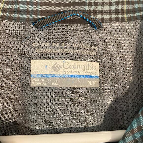 Columbia Gorpcore Outdoor Lightweight Plaid Gray Blue Polo Shirt Men size Medium - Picture 2 of 9